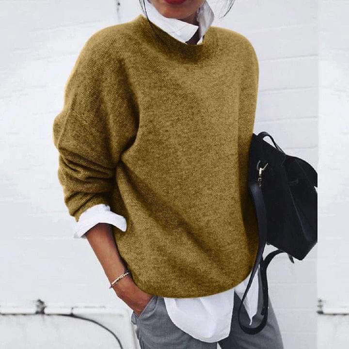 Khaki crew neck knit sweater with long sleeves, relaxed fit