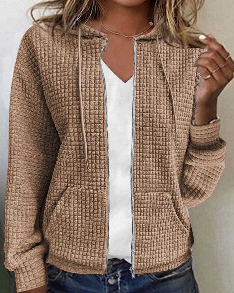 Khaki textured zip-up long-sleeve hoodie with front pockets and high collar