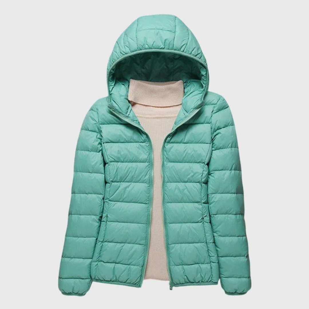 Ultra-light quilted jacket, turquoise, full-zip with attached hood and ribbed hem