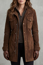 Brown suede longline coat with zip front, flap chest pockets and side seam details