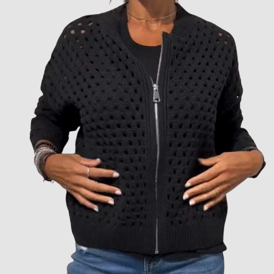 Black knitted cardigan with full zip, openwork dot pattern, ribbed cuffs and hem.