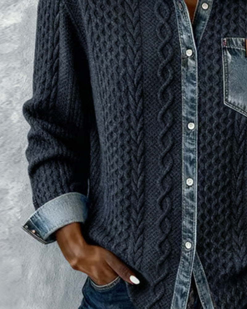 Dark gray long-sleeve shirt with denim collar trim and chest pocket, cable knit texture.