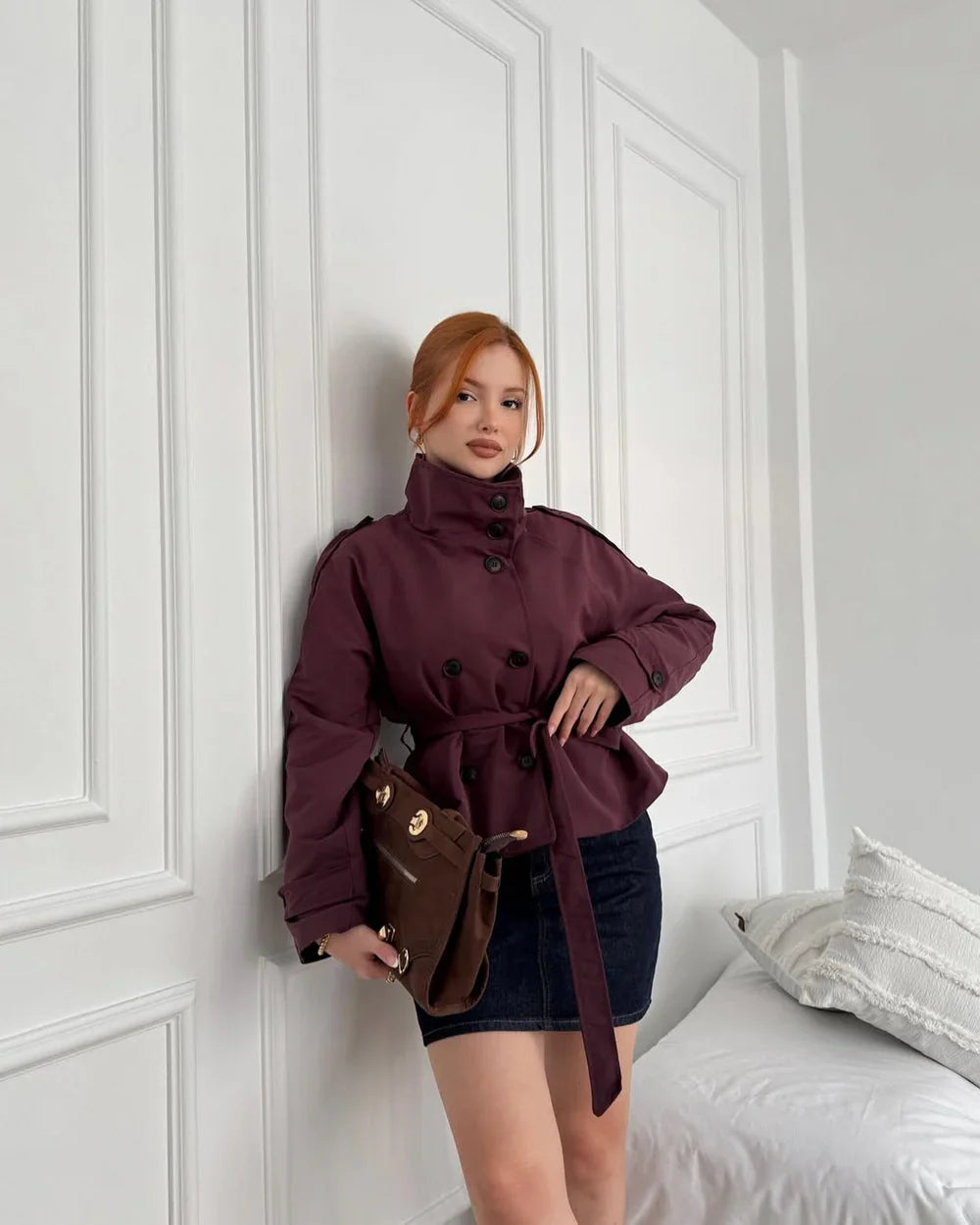Burgundy cropped trench coat with high neck and tie waist