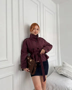 Burgundy cropped trench coat with high neck and tie waist