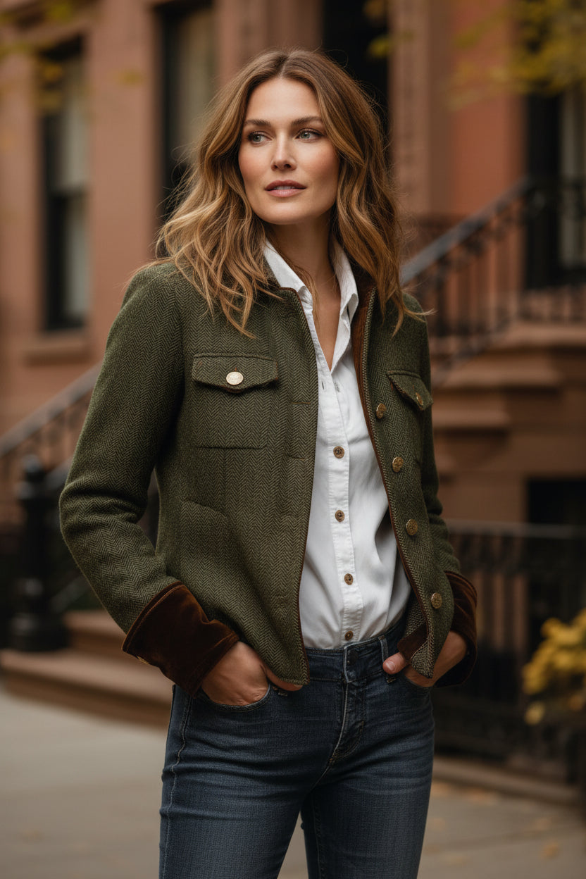 Dark herringbone tweed jacket with two flap pockets and gold-tone button details
