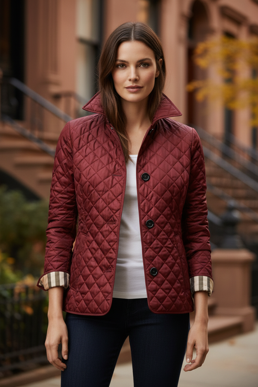 Red quilted spring jacket with button front and stand collar, long sleeves