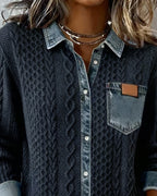 Black long-sleeve shirt with denim collar and chest pocket; textured cable knit body.