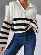White half-zip knit sweater with black-and-white horizontal stripe bands