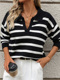 Black and cream striped V-neck ribbed knit sweater, long sleeves