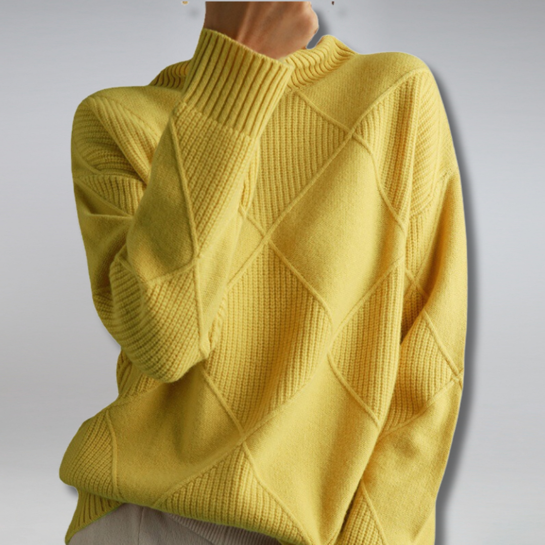 Women’s cashmere turtleneck sweater in yellow, diamond knit pattern, ribbed high neck and cuffs.