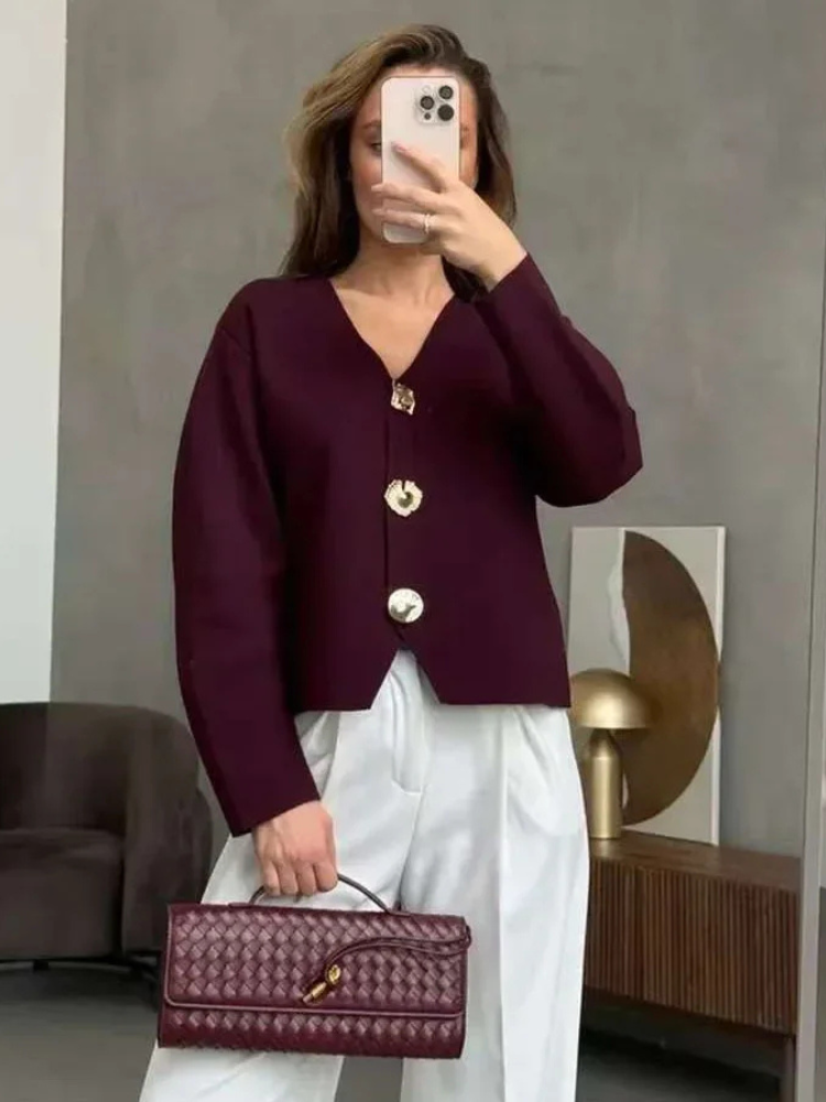 Women’s boxy V-neck cardigan sweater in burgundy with gold-tone button front and long sleeves