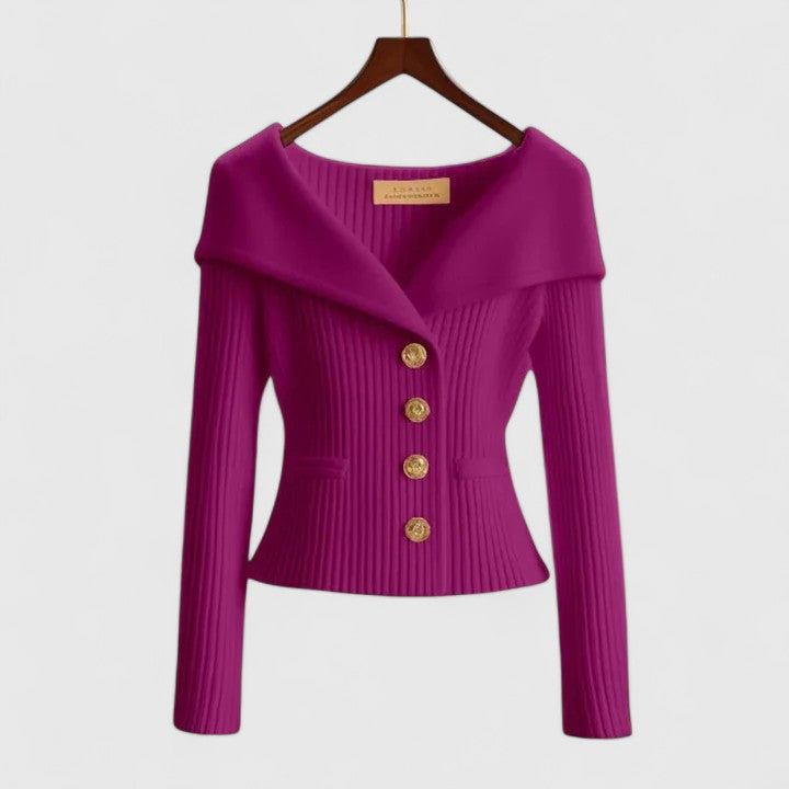 Purple ribbed cardigan with V-neck, long sleeves, and button front