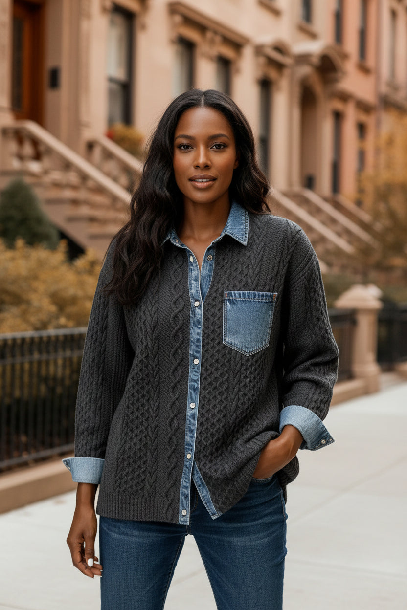 Dark gray long-sleeve shirt with cable knit texture, denim collar and chest pocket.