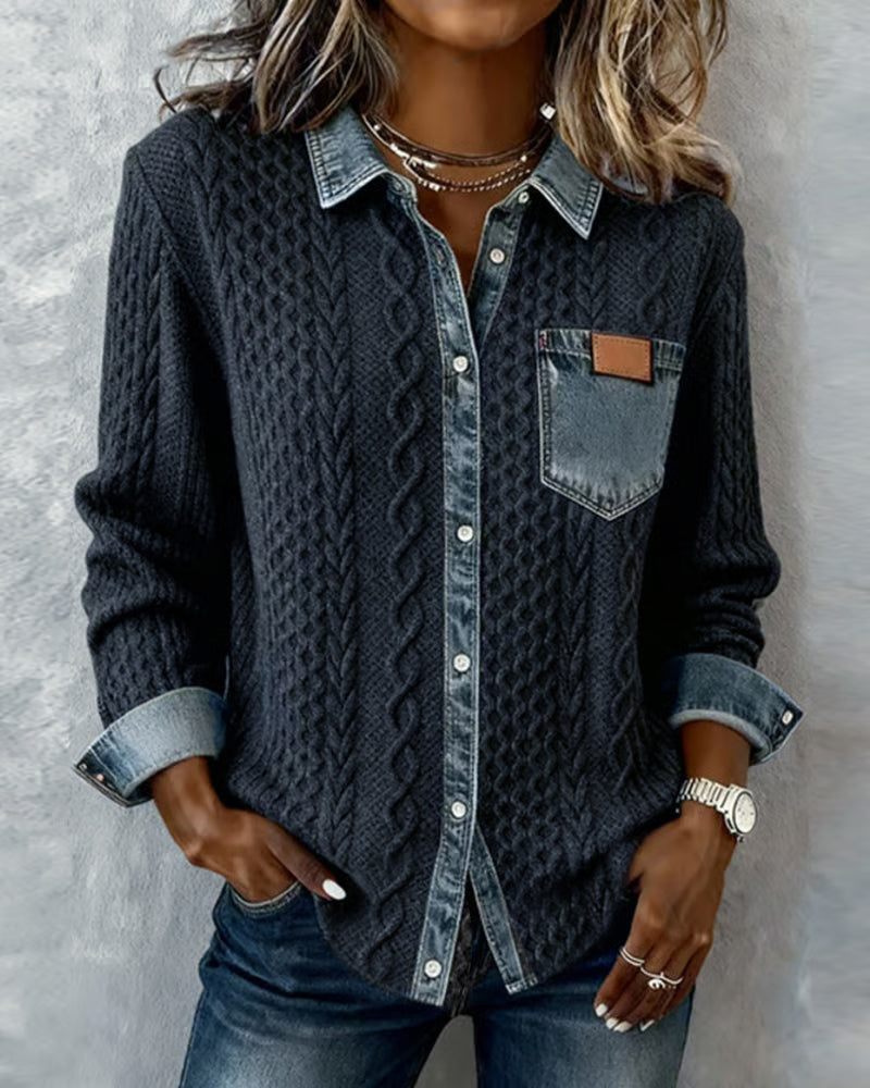 Long-sleeve knit shirt with denim patchwork, dark cable knit body, denim collar and chest pocket
