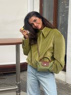 Olrinetta suede-like cropped jacket in olive green, collared with relaxed sleeves and front snaps
