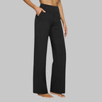 Black high-waisted yoga pants with wide straight legs and smooth pull-on style