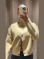 Women's rib knit high-neck button-front shirt jacket, long sleeves, light yellow