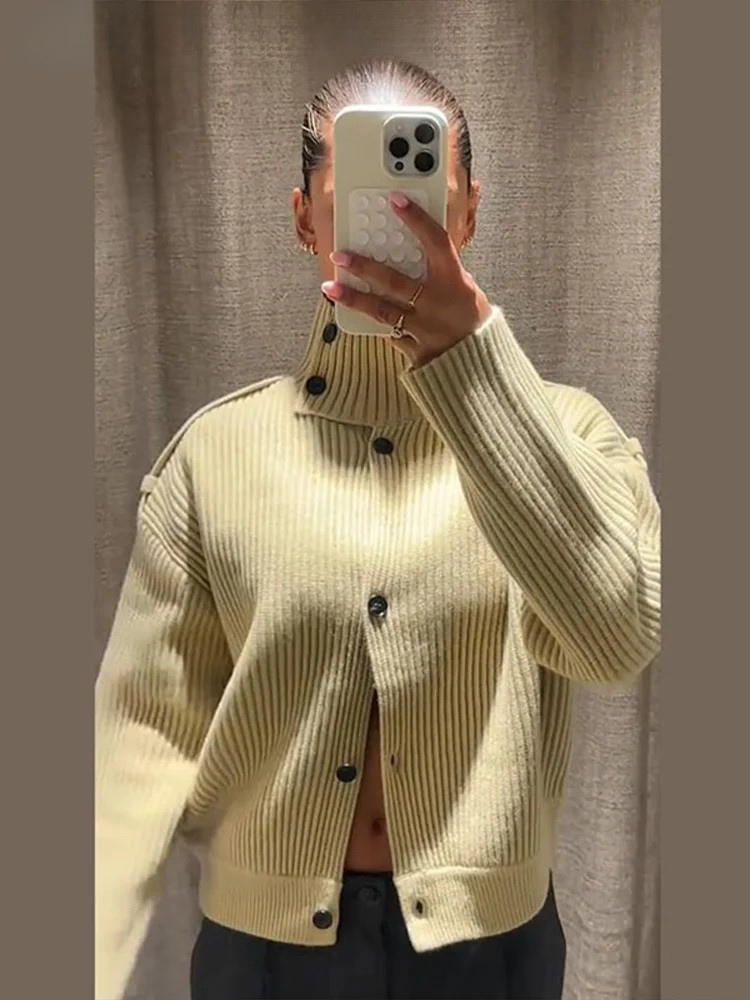 Women's rib knit high-neck button-front shirt jacket, long sleeves, light yellow