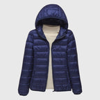 Ultra-light quilted jacket, dark blue, full-zip hooded design with ribbed trim