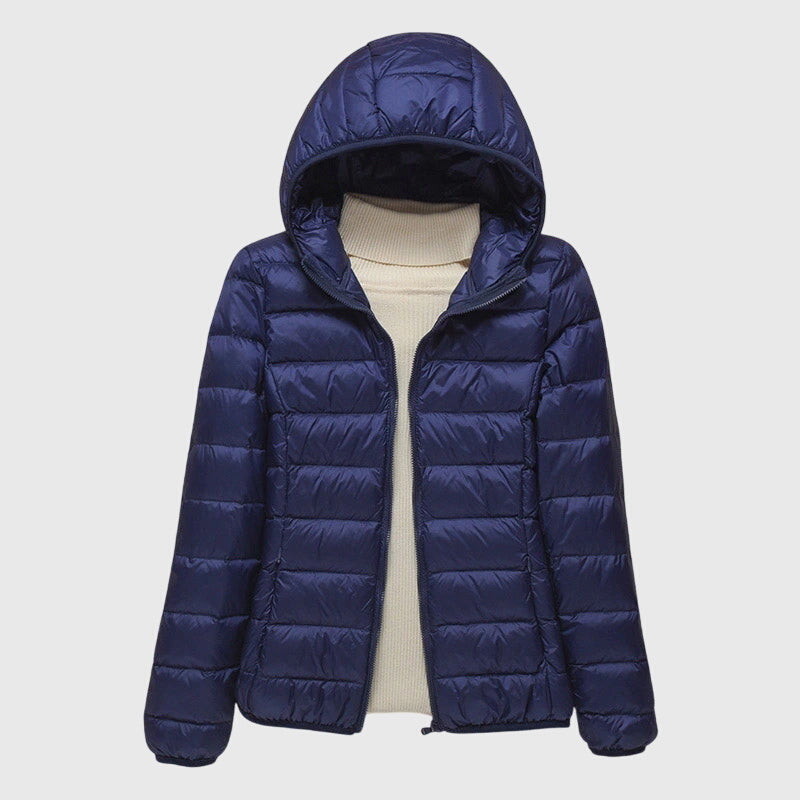 Ultra-light quilted jacket, dark blue, full-zip hooded design with ribbed trim