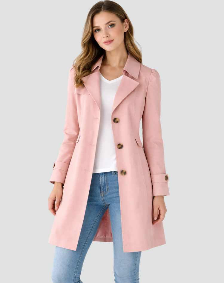 Pink women's slim-fit lightweight trench coat with lapel collar and button front