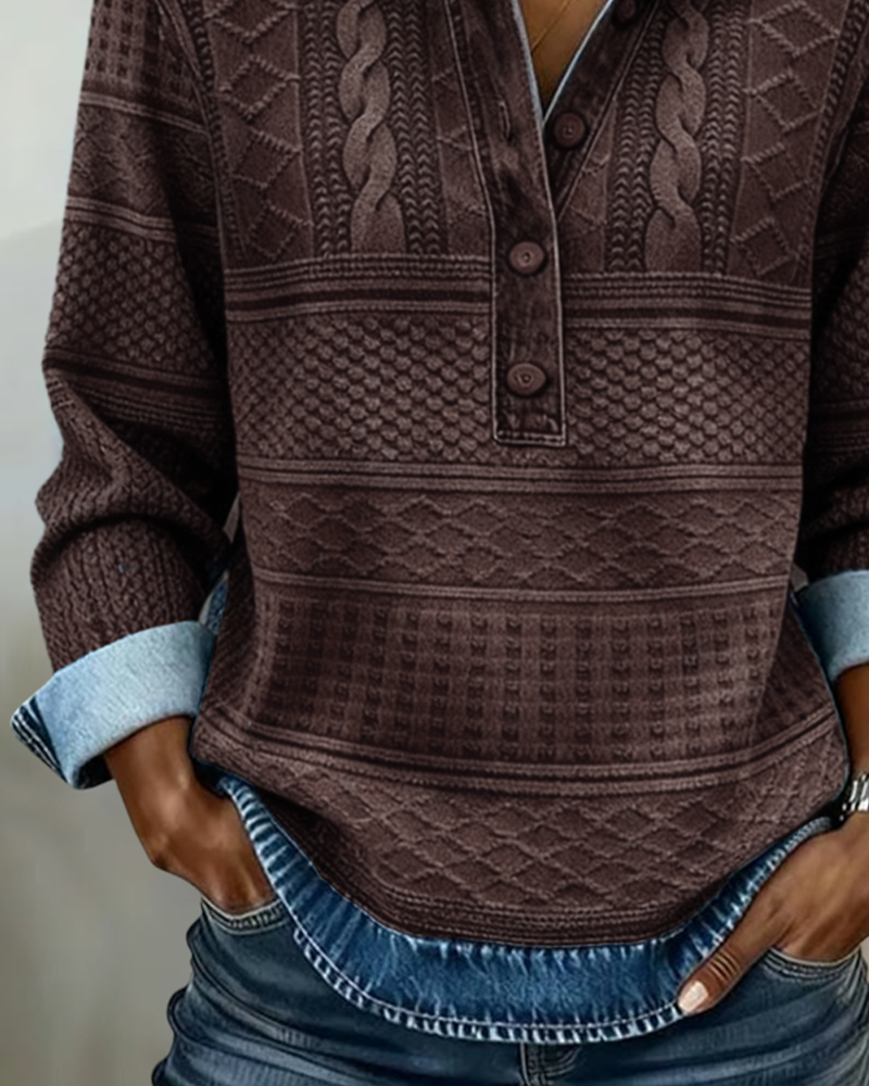 Coffee brown knit half-button sweatshirt with collar, button placket, and patterned bands