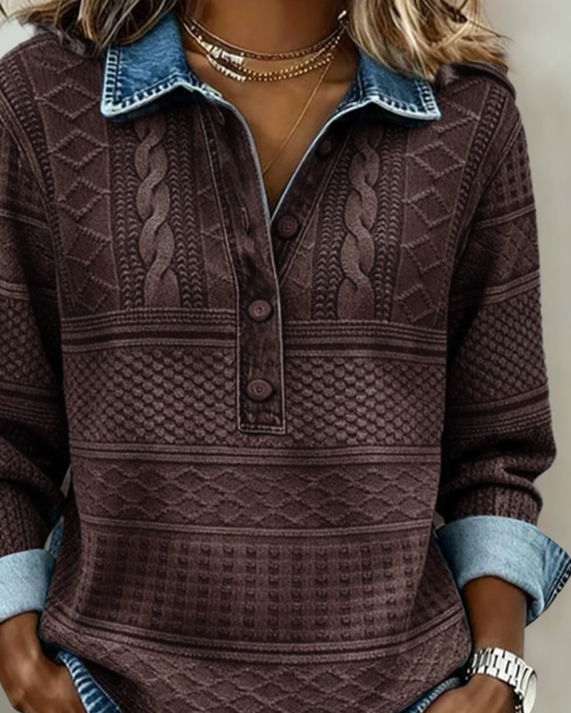 Coffee brown textured half-button sweatshirt with collar and dark button placket
