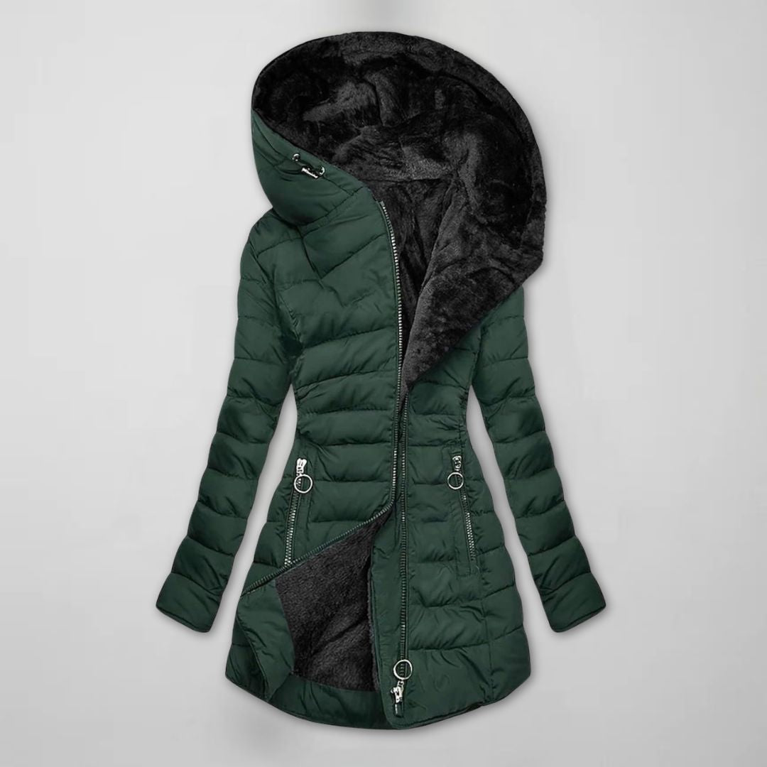 Women's long quilted hooded puffer jacket, green with black faux-fur hood
