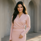 Women’s crossover collar knit sweater in soft pink, long sleeves