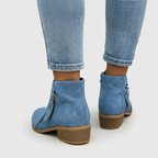 Blue suede zip ankle boots with side zipper and stacked low block heel