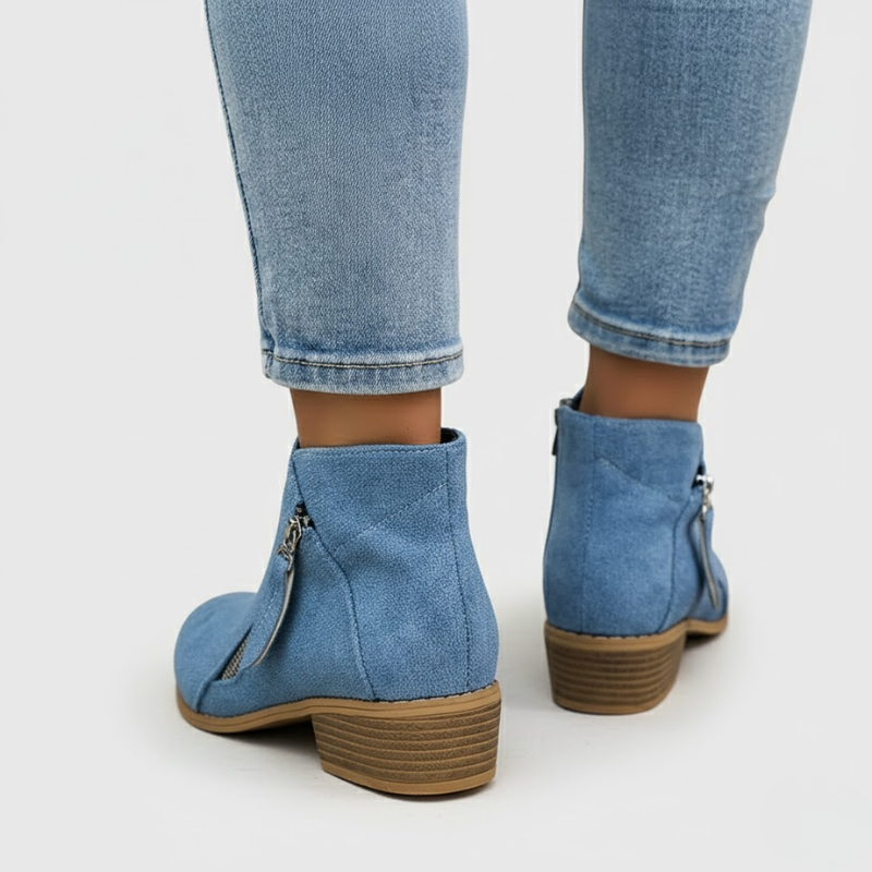 Blue suede zip ankle boots with side zipper and stacked low block heel