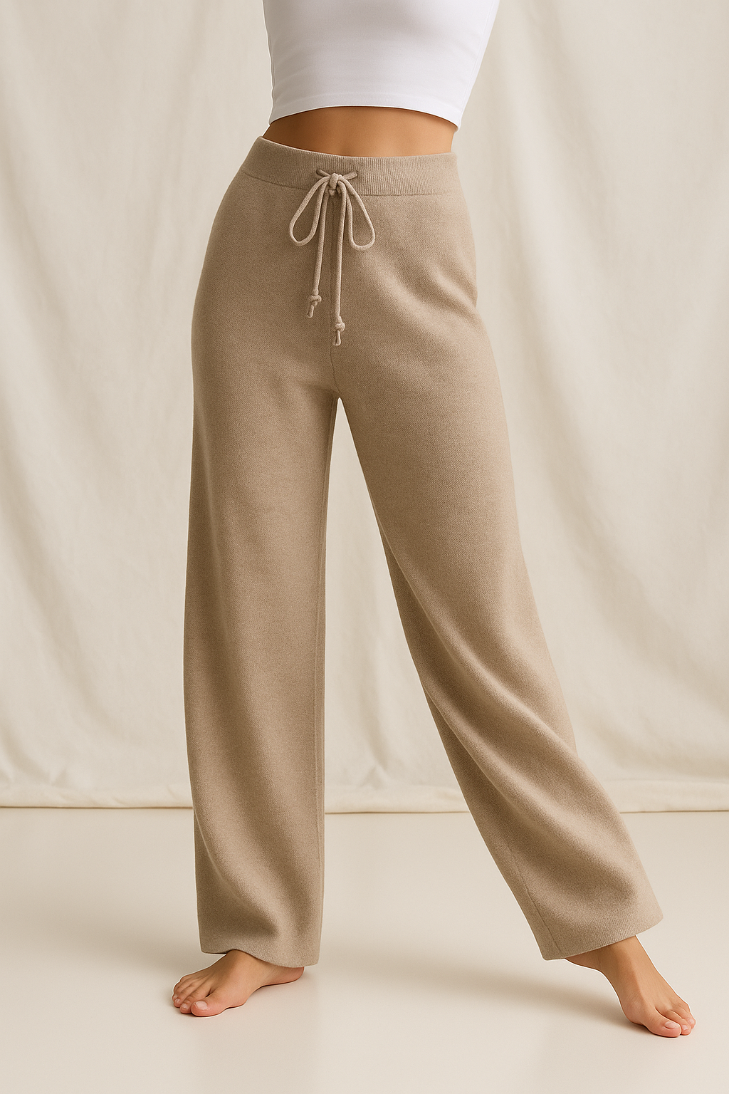 Women's khaki high-waisted wide-leg lounge pants with drawstring waist