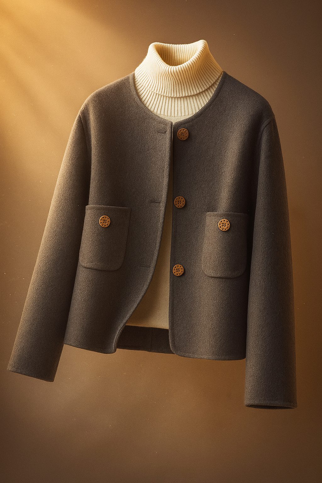 Gray wool jacket with ribbed turtleneck, button front, and two flap chest pockets