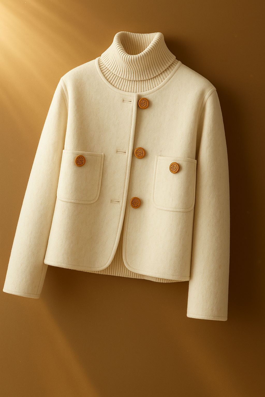Ivory button-front jacket with ribbed high collar and two patch pockets.