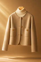 Ivory wool jacket with ribbed turtleneck, front buttons, and two flap chest pockets