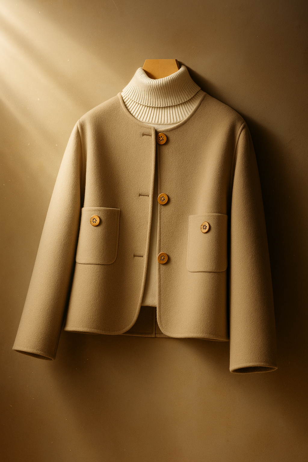 Tan button-front jacket with ribbed high collar and two patch pockets.