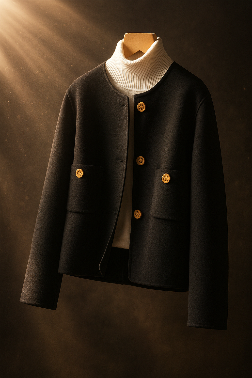 Black button-front jacket with ribbed turtleneck collar and two patch pockets.