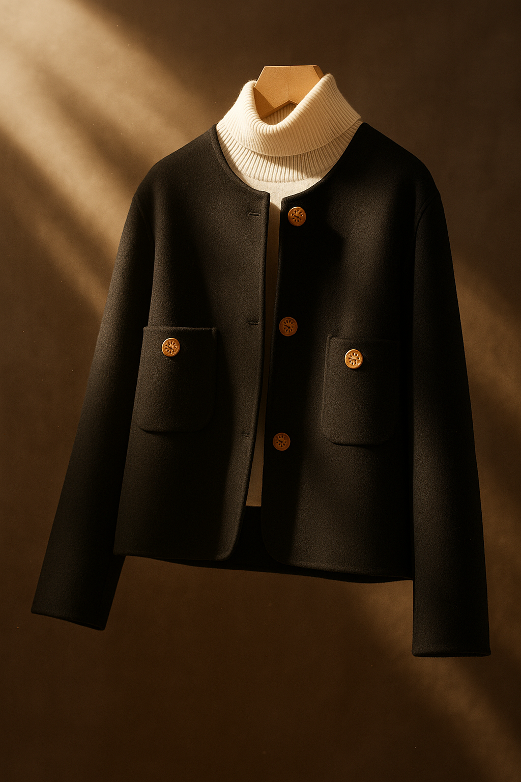 Dark wool jacket with ribbed turtleneck, front button placket, and two chest pockets
