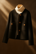 Dark wool jacket with ribbed turtleneck, front button placket, and two chest pockets