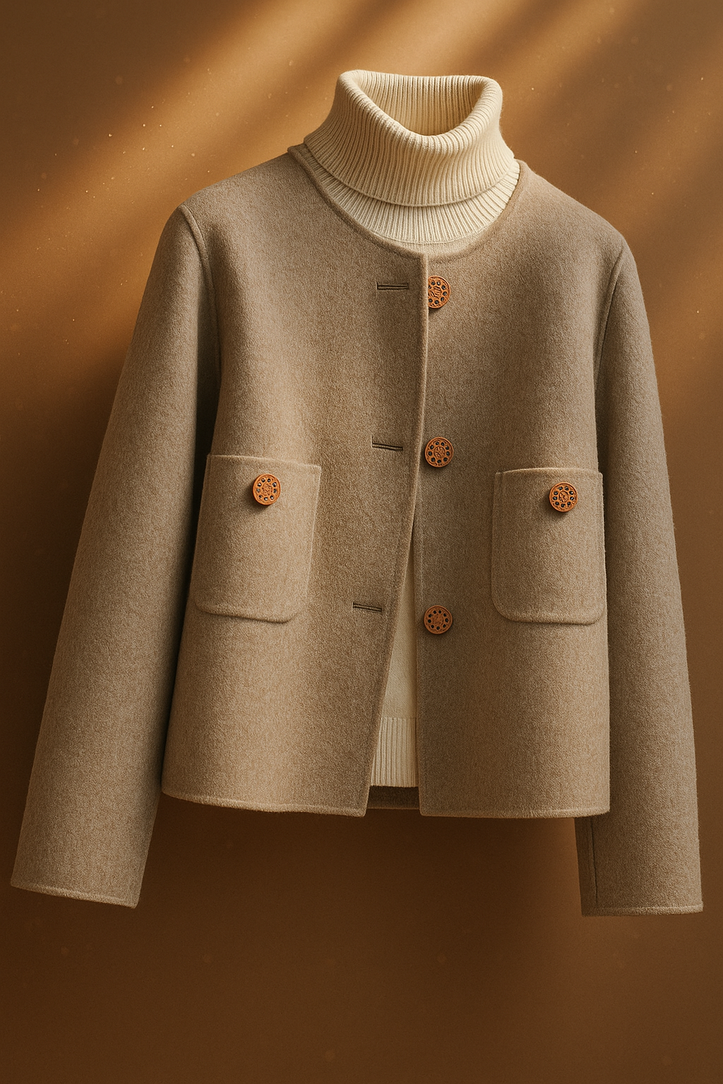 Beige button-front jacket with ribbed high collar and two patch pockets.