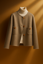 Beige wool jacket with ribbed turtleneck, button front, and two flap chest pockets