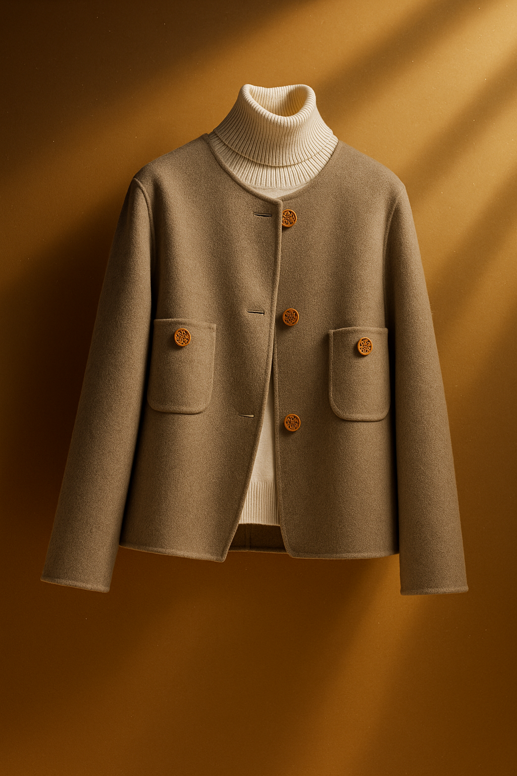 Beige wool jacket with ribbed turtleneck, button front, and two flap chest pockets