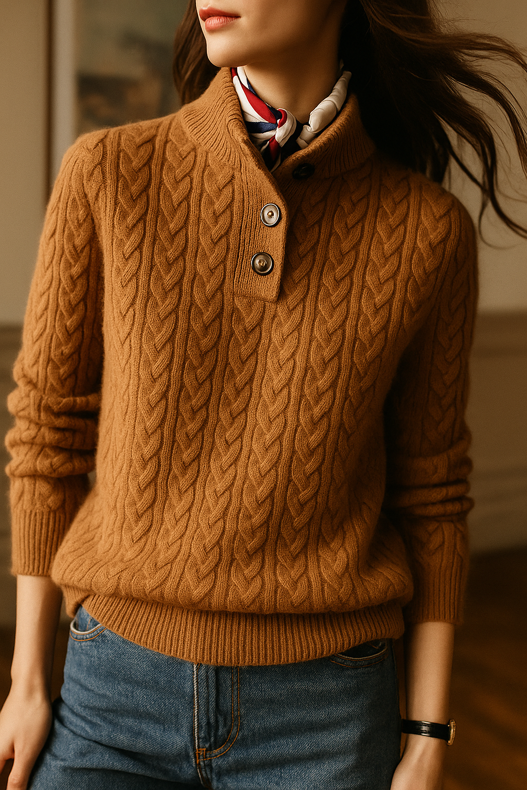 Tan cable-knit cashmere button-up sweater with three-button placket and ribbed hem.