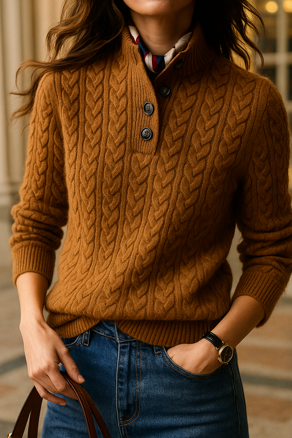 Rust brown button-up cable-knit cashmere sweater with three-button placket and mock collar