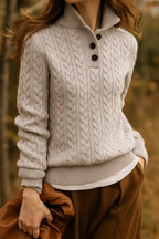 Vintage light gray button-up cashmere sweater with cable knit and three-button placket