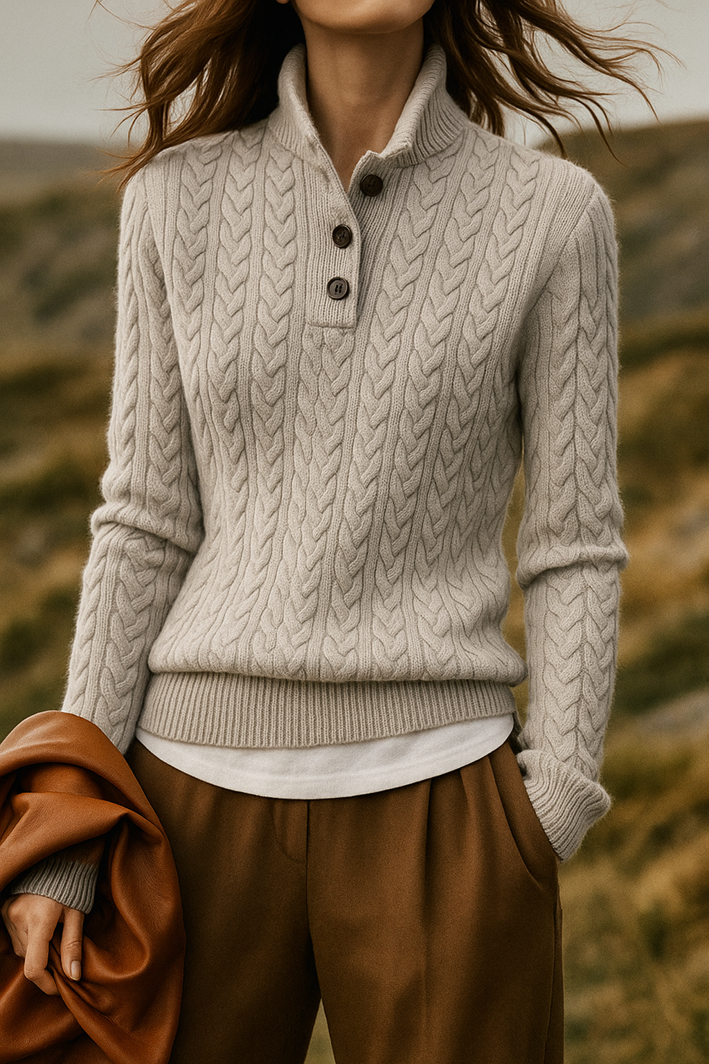Light gray cable-knit cashmere button-up sweater, quarter-button placket
