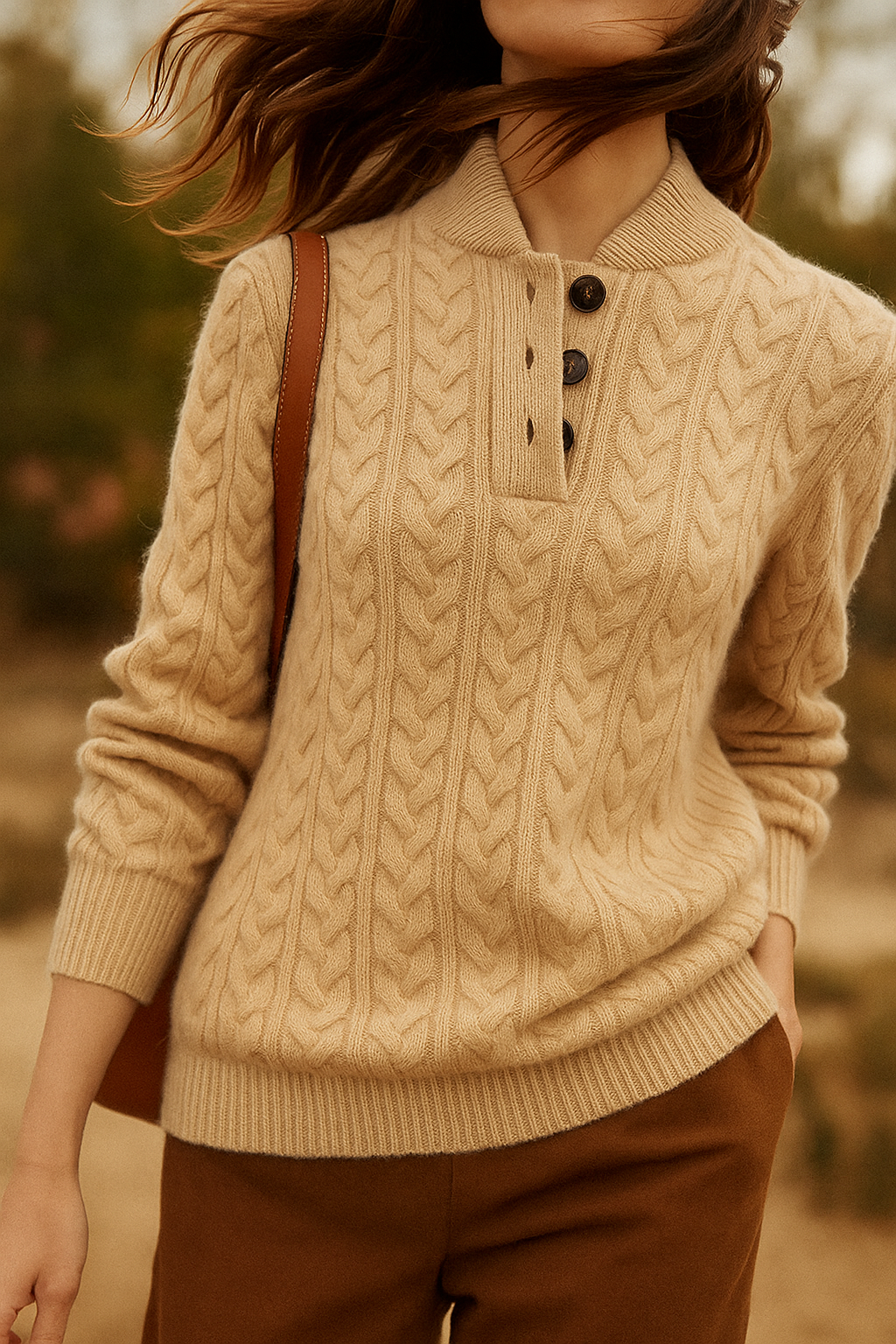 Beige cable-knit cashmere button-up sweater with henley placket and dark buttons