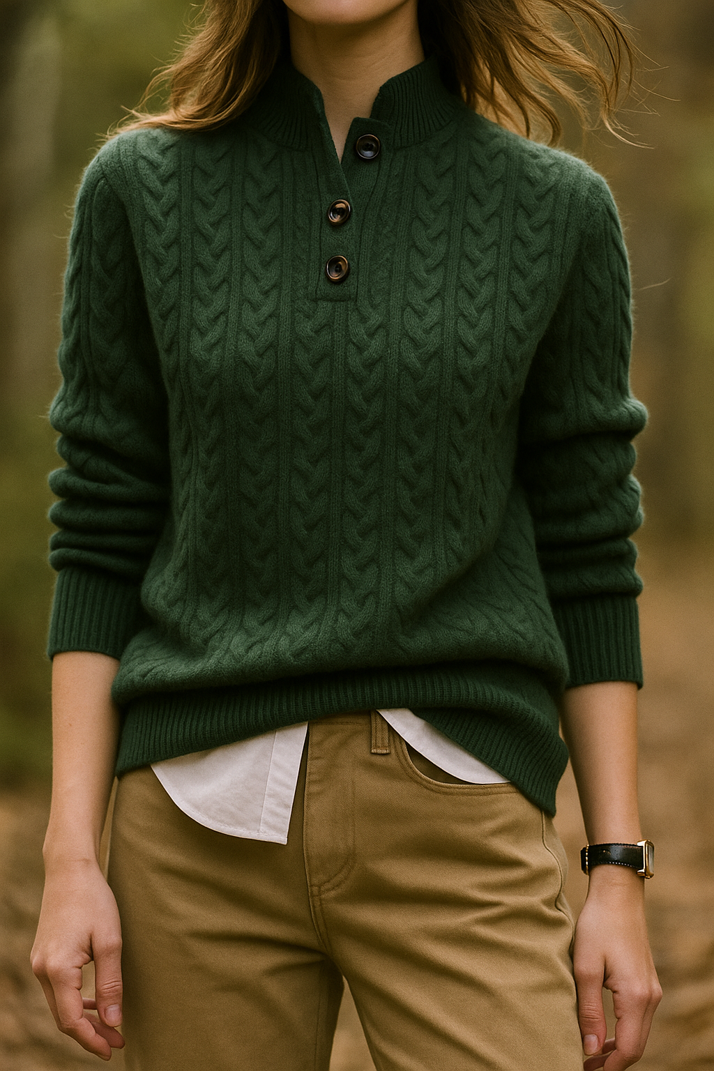 Green cable-knit cashmere button-up sweater, stand collar, dark buttons