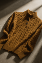 Mustard brown button-up cashmere sweater with cable knit pattern and three-button placket