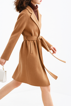 Wool belted midi coat in tan with notched lapels and waist tie, knee-length